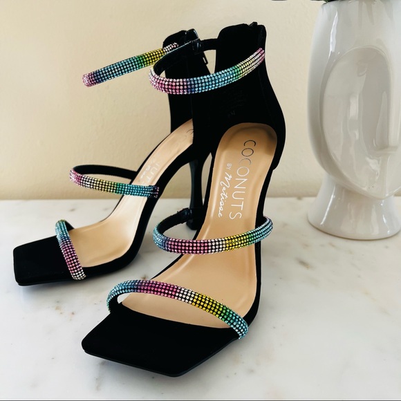 Coconuts by Matisse High Flared Heel Square Tow Rhinestone Strap Sandals Pumps - Picture 5 of 7